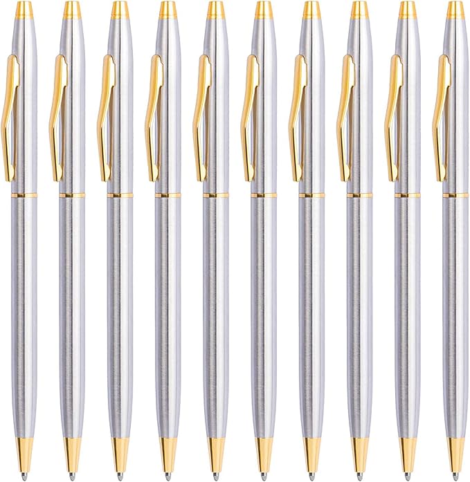 Cambond Black Pens Ballpoint Pens - Fancy Pens Comfortable Writing Gift Mini Conical Sliver Pen Slim Retractable Smooth Writing Bulk 1.0mm Medium Poin, 10 Pack (Silver)