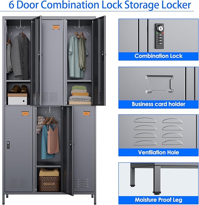 6 Doors Metal Locker for Employees with Combination Locks,Metal Lockers with Business Card Holder and 18 Hooks for School Garage Office Gym Home,Assembly Required,Dark Grey