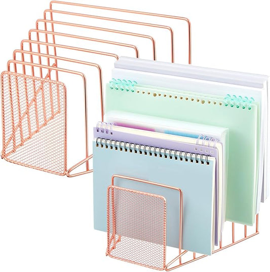 2 Pcs 7 Slot Incline File Sorter Metal Wire Mesh File Racks for Desktop Letter Sorter for Magazine Folder Book Organizer Home Office School Paper Mail Desk Storage Holder (Rose Gold)