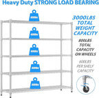 Homdox 5 Tier Heavy Duty Metal Wire Shelving with Wheels, 3000 lbs Capacity Garage Storage Rack, Rolling Industrial Storage, Adjustable Commercial Shelves for Kitchen, Warehouse, 18"x60"x82", Chrome