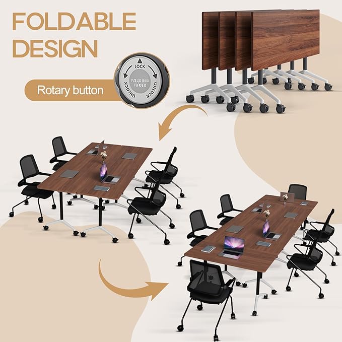 Folding Conference Table 4ft 5ft, Foldable Office Meeting Desk for 6 People, Multiple Sizes Colors Mobile Conference Room Table for Training Room School Business Furniture (6, Walnut, 55in)