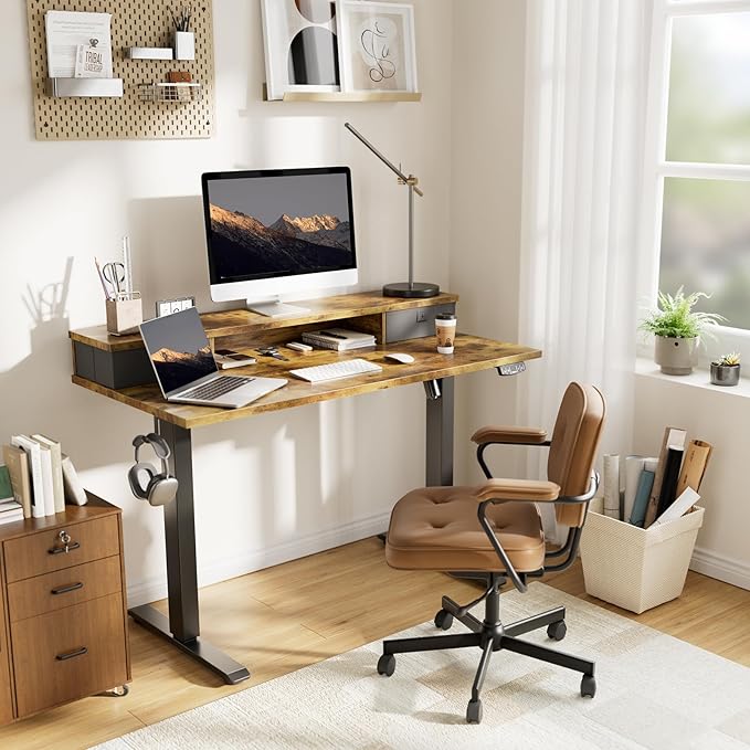 Agilestic 55 x 24 Inches Height Adjustable Electric Standing Desk with 2 Drawers, Stand Up Electric Desk Adjustable Height, Sit Stand Computer Gaming Table with Splice Board, Rustic Brown