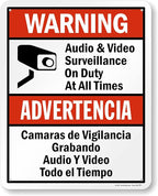 SmartSign 30 x 24 inch “Warning - Audio & Video Surveillance On Duty At All Times” Bilingual Sign, 80 mil Laminated Rustproof Aluminum, Red, Black and White, Made in USA