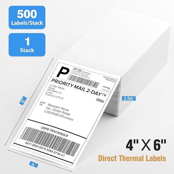 4x6 Thermal Labels Fanfold 500-Pack Crisp Prints Thermal Shipping Labels 4x6 Commercial Grade Thermal Printer Paper with Perforated, 1 Stack