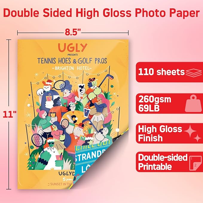 HARtwii 110 Sheets Thick Double Side Glossy Photo Paper 8.5x11 Inches 69lbs for Inkjet Printers and Dye Ink 260Gsm Suitable for Inkjet Printing Printer