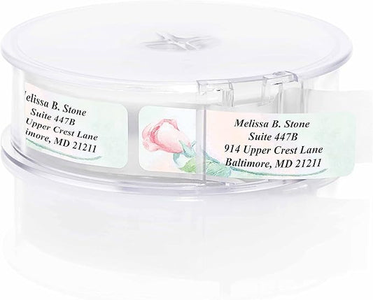 Soft Rose Watercolor Designer Rolled Address Labels with Elegant Plastic Dispenser