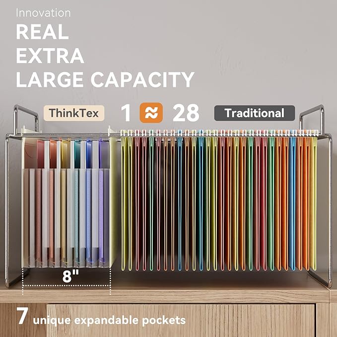 ThinkTex Plastic Expanding Hanging File Folders, 7 Innovative 1.2" Accordion Pockets, Large Capacity, Multi-Color Tabs, Letter Size for Filing Cabinet - Yellow
