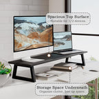 TEAMIX 31.5 inch Dual Monitor Riser, Long Black Monitor Stand Riser Wide TV Stand Riser Monitor Stand for 2 Monitors Wood & Steel Desktop Riser Desk Organization Home Office