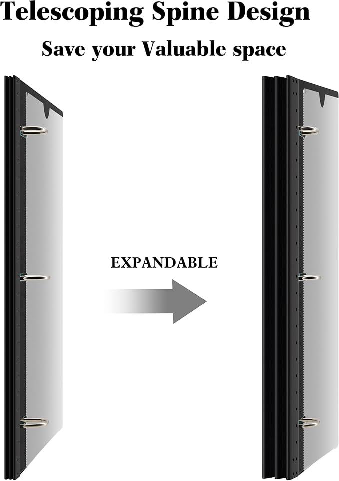 INFUN 1 Inch Telescoping 3 Ring Binder - 12 PCS-Black, Flexible Binders with Customizable Front Cover and Clear Catalog Pocket,1 inch Binders 3 Ring, 225 Sheet Capacity