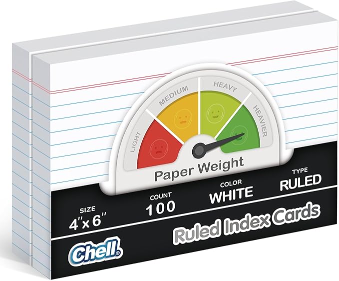 Chell Extra Heavyweight Ruled Index Cards 4x6 Inch, No Bleed-Through, 100 Count, Ruled Front and Blank Back, 85 lb. Cover Weight, White