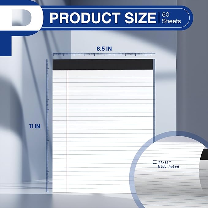 2-Pack Legal Pads 8.5"x11" Wide Ruled Note Pads - 100 Sheets (50/Pad) with Micro-Perforated Notepad & Chipboard Backing To-Do Lists Thick Lined Writing Paper Notebook for School & Office Supplies