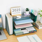 OPNICE Desk Organizer, 4-Tier Desktop File Organizer with Drawer and 2 Pen Holders, Office Desk Accessories, File Sorters, Workspace Organizers for Office Supplies(Dark Green)