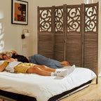Room Divider Wood Carved Wall Divider Indoor Folding Portable Partition Screen for Home Office Garden Terrace - 4 Panel, 67 * 60inch (Dark Brown)
