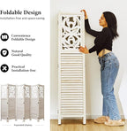 Room Divider Wood Carved Wall Divider Indoor Folding Portable Partition Screen for Home Office Garden Terrace - 6 Panel, 67 * 90inch (White)