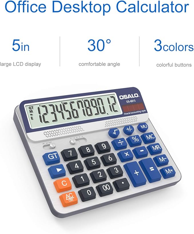 Desktop Calculator Extra Large 5-Inch LCD Display 12-Digit Big Number Accounting Calculator with Giant Response Button, Battery & Solar Powered, Perfect for Office Business Home Daily Use(6815-2pcs)