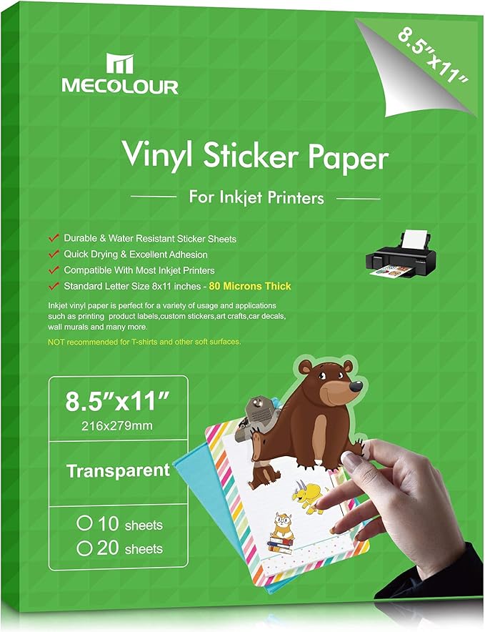 MECOLOUR Clear Sticker Paper Printable Vinyl for Inkjet Printer-100 Sheets Transparent Sticker Paper