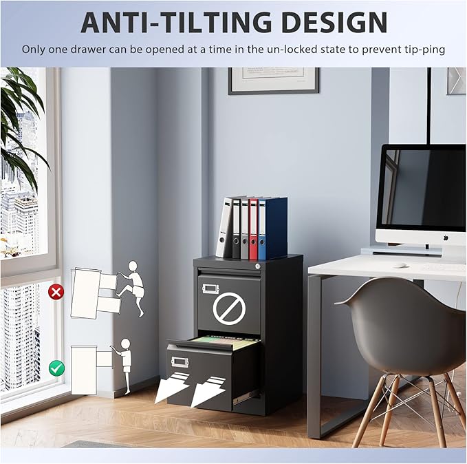 2 Drawer File Cabinet, Filing Cabinets for Home Office, Metal Vertical File Storage Cabinet with Lock, Locking File Cabinet for A4 Legal/Letter, 15.1" W x 17.7" D x 28.7" H, Assembly Required