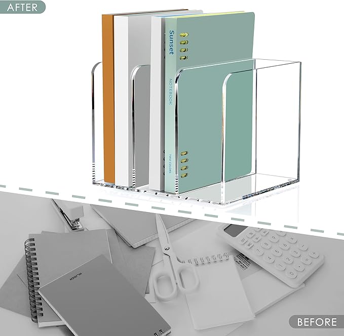 Acrylic Magazine Holder Desk Organizer Workspace Sorters，Clear Bookend File Sorter Holder，Folder Rack, Office Accessories Organization Storage with 3 Vertical Compartments