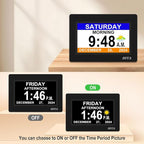 SSYA 7 Inch Calendar Clock - 12 Alarm Options, Level 5 Auto Dimmable Display,Extra Large Impaired Vision Digital Clock with Non-Abbreviated Day & Month (Black)