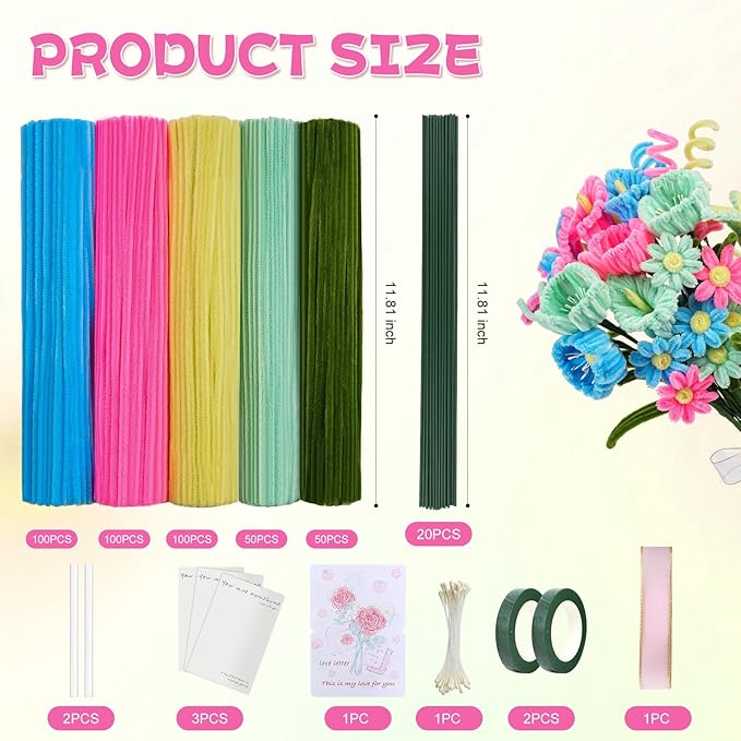 5 Mixed Macaron Colors Chenille Stems Bulk，400 Pcs Pipe Cleaners Craft with Floral Wires, Gardening Tape,Greeting Card,Bouquet Paper,Hot Glue Stick,Stamen & Ribbon，Ideals for DIY School Projects