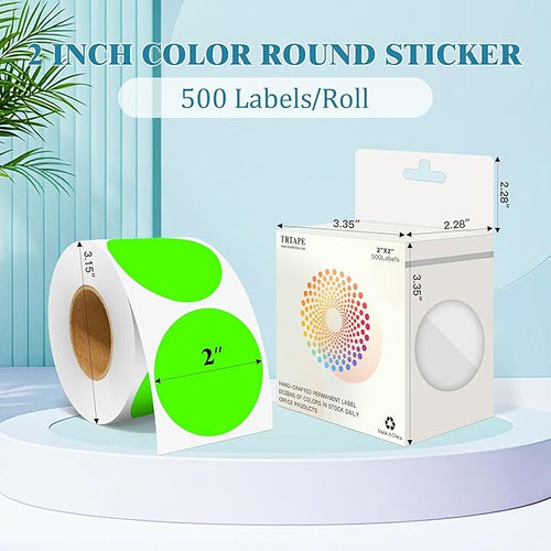 2 Inch Round Color Coding Labels (500 Count) - Fluorescent Green Dot Stickers Circle Labels with Dispenser Box for Warehouse, Filing, Industrial, Office Organization