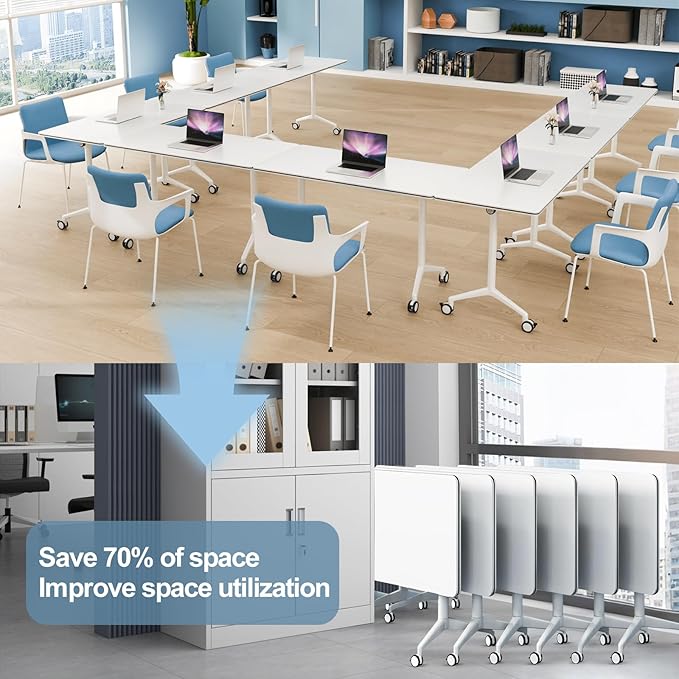 10Pack Folding Conference Room Table, Modern Conference Tables with Silent Wheels, Large Rectangular Mobile Training Tables for Office Classroom, Foldable Modular Seminar Table White (L70.9in)