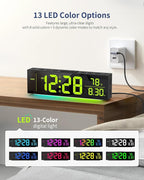 Digital Clock, Alarm Clock for Bedroom, Digital Wall Clocks for Classroom, Living Room Decor, Desk Clock Large Display, 13 Number Display Colors, 12 Ambient Light Colors, Auto Dimming, DST (Black)