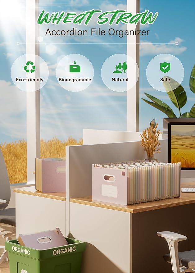 Accordion File Organizer, 26 Pockets Wheat Straw Expanding File Folders, Upright&Open Top, A-Z Bill Receipt Organizer, 100% BPA Free, Return to Nature, Healthy Living, Letter/A4 Size-Lavender Purple