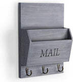 DLQuarts Mail Organizer with Key Holder for Wall Decorative Mail Sorter Wall Mounted, Wooden Mail Holder with 3 Hooks, Gray