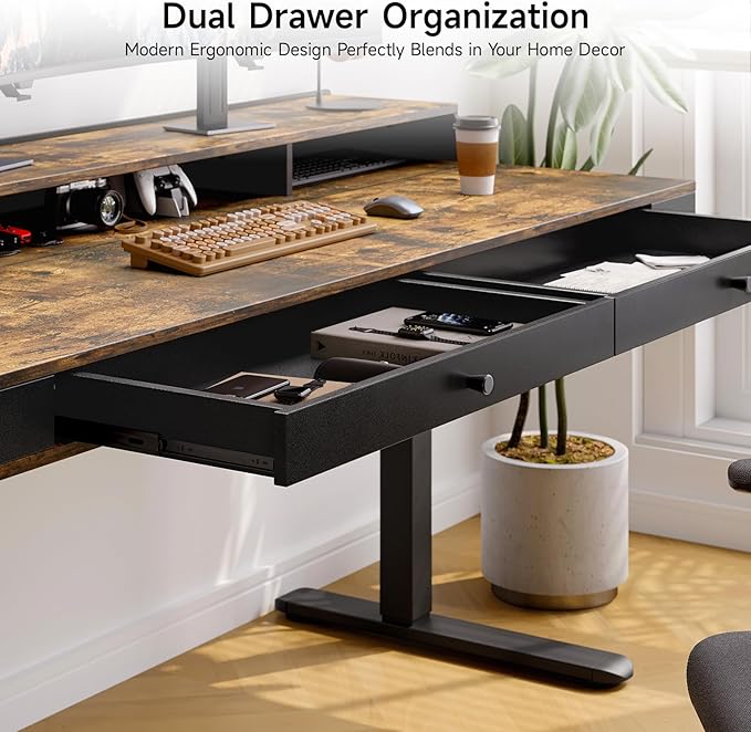 ONBRILL Standing Desk with Drawers, 63x23.6 Electric Stand Up Desk with Storage Shelf and Memory Controller, Sit Stand Desk Adjustable Height from 28-46" for Computer Workstation, Rustic Brown