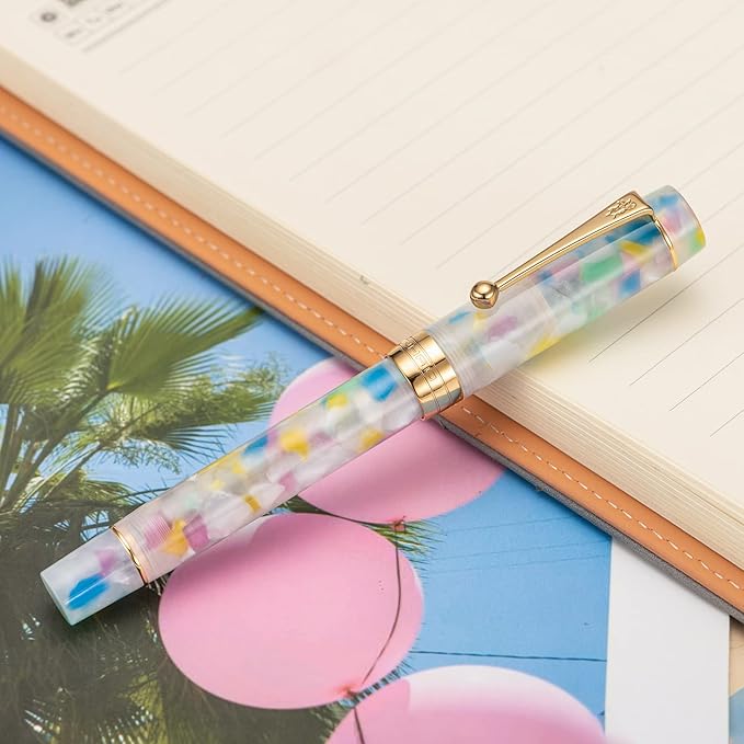 Jinhao 100 Fountain Pen Celluloid Classic Style, #6 Nib Smooth Writing Instrument with Refillable Converter and Pen Case Set