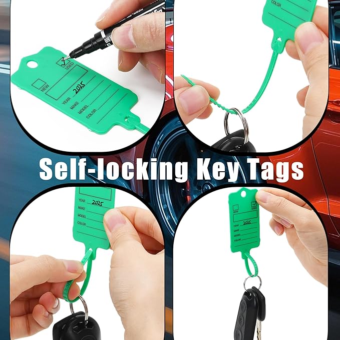 100 Car Key Tags with Labels Plastic Car Dealership Key Tags Self Locking Automotive Identifiers Blank Shop Labels with One Pen (Green)