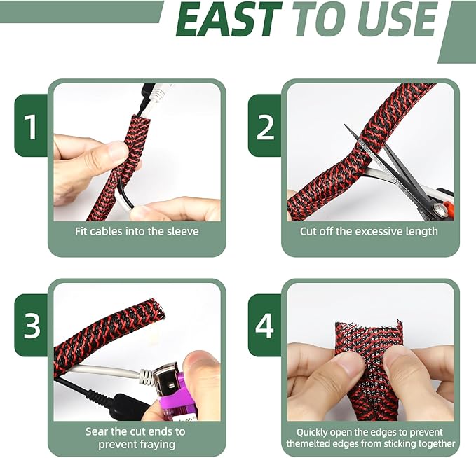 Split Wire Loom Tubing, Cable Protector Sleeve, Braided Cable Management for TV/Computer/Home Theater/Engine Bay, Cord Protectors from Pets No Chew (Red and Black, 1/2"-10ft)