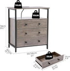 Edbuosy 3 Wooden Drawers Night Stand, 27 Inch Wide Nightstand with Charging Station and Adjustable Drawers, Small Dresser for Closet, Bedside Table for Living Room/Bedroom/Office, Gray.