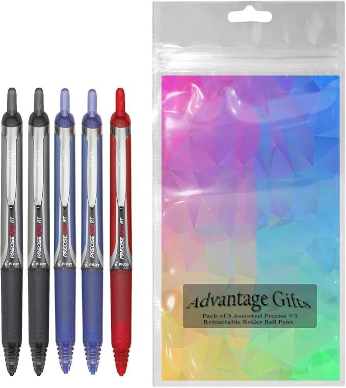 Precise V5 RT Retractable Rolling Ball Pens, Extra Fine Point (.5mm), Assorted Colors Black/Blue/Red Ink, 5-pk; Premium Comfort Grip, Bundle with Plastic Reusable Pouch