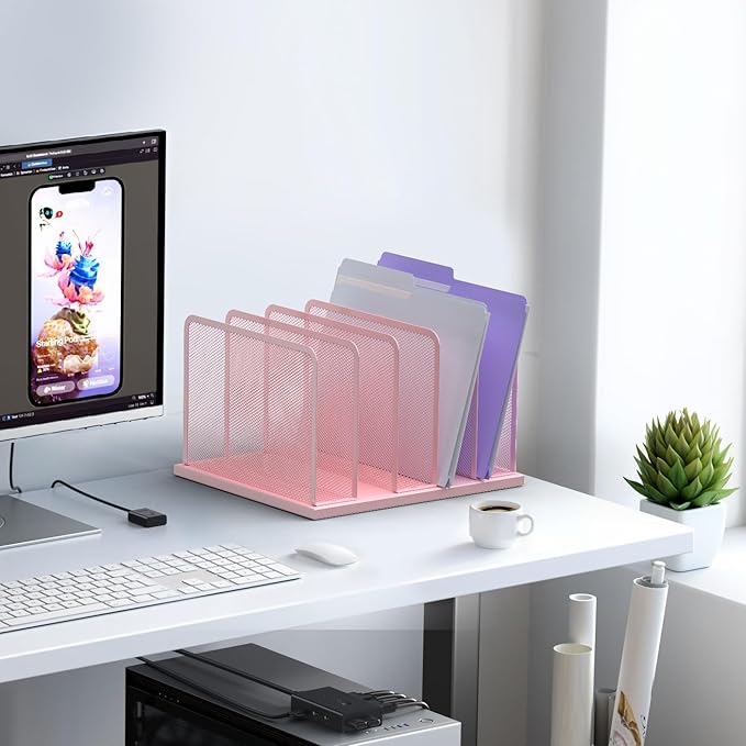 Kuntine.B Desk File Organizer Upright Mesh Desktop Organizer File Sorter Office Organization File Holder for Home, Office & Classroom (Pink, 1 Pack 5-Section)