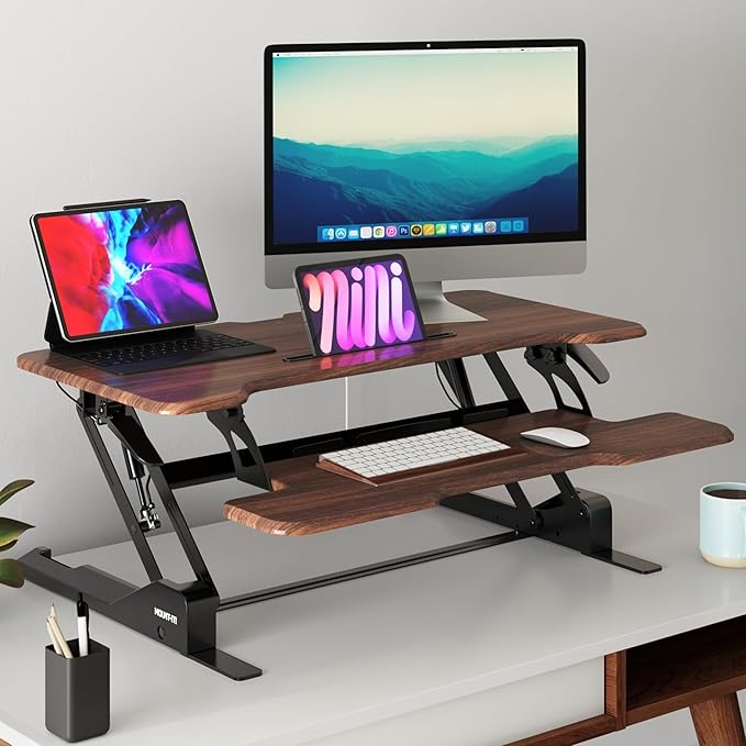 Mount-It! 38 Inch Standing Desk Converter, Sit Stand Desk Riser for Dual Monitors with Keyboard Tray, Height Adjustable Desktop Workstation, Easy Lift Gas Spring, Rustic Walnut Brown
