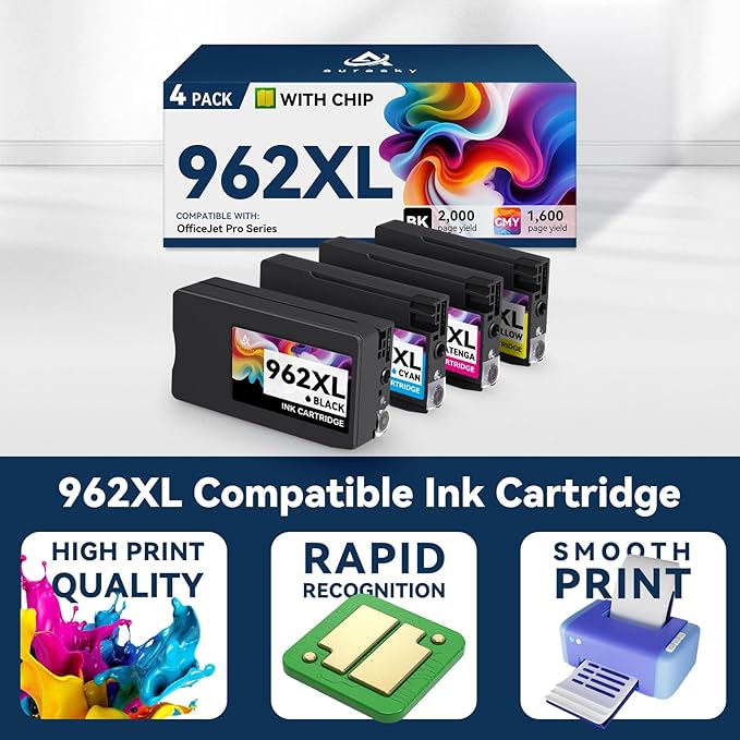 962xl Ink cartridges Compatible for HP 962 XL HP962XL Ink Combo Pack Work with HP Office Jet Pro 9010 9010e 9015e 9018e 9020 9020e 9025 9025e Series (4 Pack kcmy)