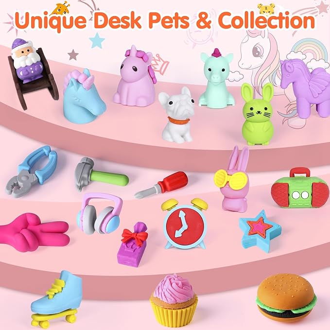Moosia 60 Pack Animal Pencil Erasers for Kids, 3D Mini Puzzle Take Apart Erasers, Desk Pets & Treasure Box Toys, Bulk Party Favors, Classroom Prizes, School Supplies, Gift for Boys & Girls