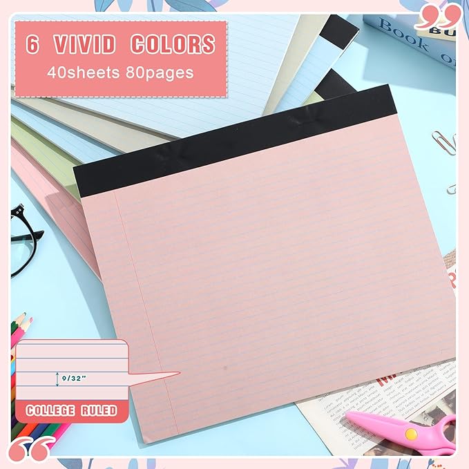 Lincia 6 Pcs 11" x 9.5" Legal Pads College Ruled Notepad Landscape Notebook Horizontal Lined Notebook 80 Gsm Assorted Colors Paper Pastel Writing Pads for School Office, 40 Sheet (Pastel Colors)