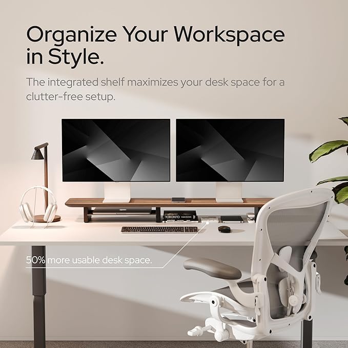 KIVY Dual Monitor Riser with Integrated Metal Shelf - Wooden desk shelf for top of desk - Wood monitor stand for desk 2 monitors / tv - Dual monitor stand riser for desk - Large walnut monitor stand