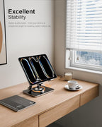 Tablet Stand Holder with Thickened 360°Rotating Base Dual Rod Adjustable Aluminum Stand for All 5.8-12.9” iPad Samsung Phone Tablet Kindle E-Reader and More, Black