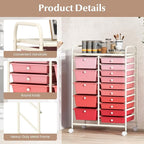 DORTALA 15-Drawer Rolling Storage Cart with Drawers, Rolling Utility Cart w/Removable Drawers & Universal Wheels, Tools Scrapbook Paper Organizer for School, Office, Home, Classroom (Gradient Pink)