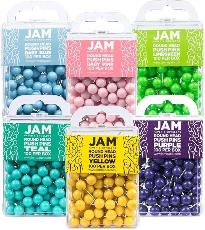 JAM PAPER Colorful Push Pins - Round Head Map Thumb Tacks - Assorted Spring Colors - 600/Pack