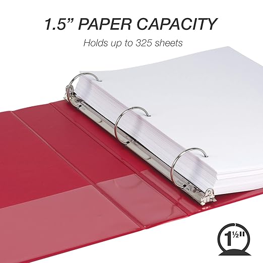Samsill 1.5 Inch 3 Ring Binders, Made in USA, Economy Round Ring, Clear View Cover, 325 Sheet Capacity - for School, Home, Office - Red, 12 Pack