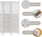 Svimi Folding Room Divider, 66.9 Inch 4 Panels Wood Carved Privacy Screens, Free Assembled Freestanding Portable Separation Wall for Home Office Restaurant Bedroom (White)
