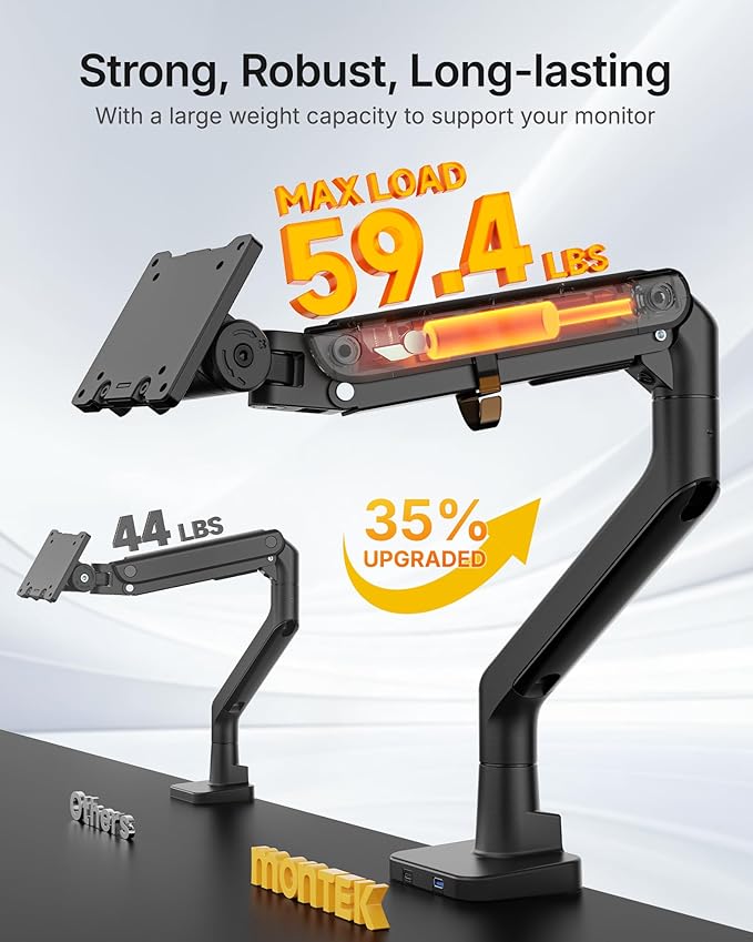 monTEK Single Monitor Arm with USB A/C, Ultrawide Monitor Stand for 17 to 57 Inch Curved Screen, Holds 59.4 lbs, Adjustable Gas Spring Arm, 75/100 VESA Mount, Clamp & Grommet Desk Mount, Black