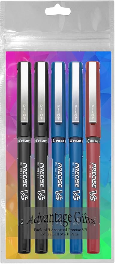 Precise V5 Stick Rolling Ball Pens, Extra Fine Point (.5mm), Assorted Colors Black/Blue/Red Ink, 5-pk; Bundle with Plastic Reusable Pouch
