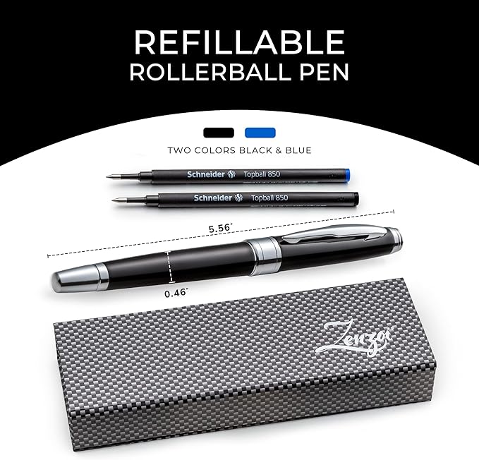 ZenZoi Executive Rollerball - Elegant Black Fine Point Smooth Writing Gel Ink. Luxury Pen for Men, Women. Refillable, Business, High-End Gift Set