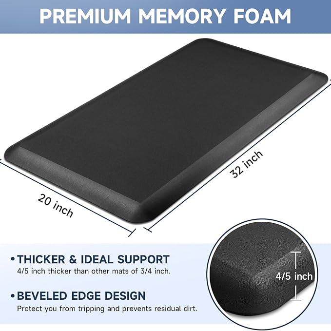 4/5 Inch Thick Kitchen Mats for Floor, StepRite Kitchen Rug for Standing Desk, Non-Slip, Thicker, Stain Resistant, Waterproof, Comfort Anti Fatigue Floor Mat for Home, Kitchen, Office - Black, 32*20''